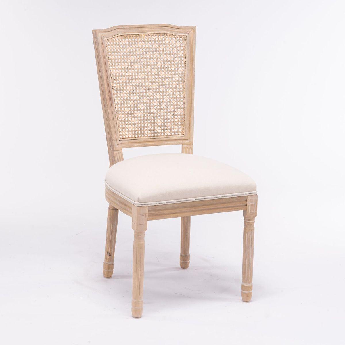 French Style Solid Wood Frame Antique Painting Linen Fabric Square Rattan Back Dining Chair, Set of 2, Cream