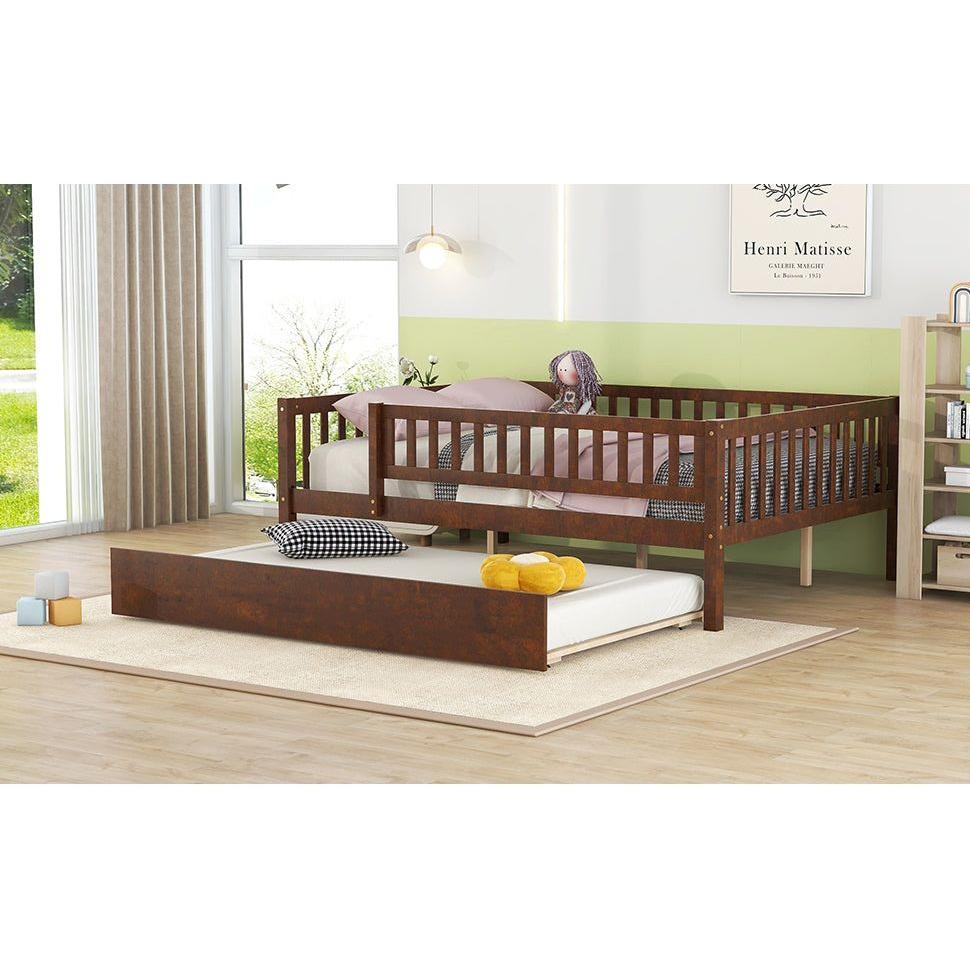 Full Size Wood Daybed with Trundle and Fence Guardrails, Walnut