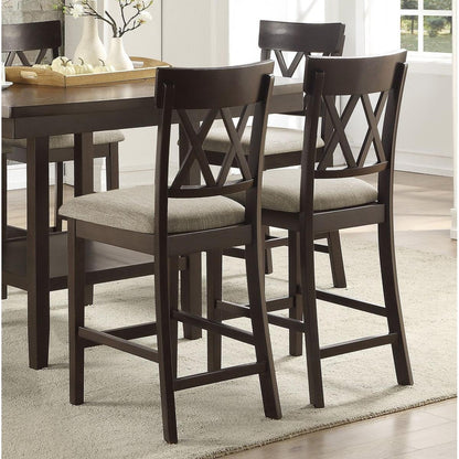 Dark Brown Finish Counter Height Chairs 2pc Set Double X-Back Design Lenin-like Fabric Padded Seat Dining Furniture