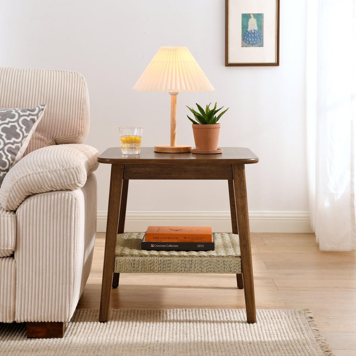 23" Mid-Century Side Table with Woven Shelf, Boho Side Table with Storage, Bedside Tables, Small Side Table for Living Room Couch Bedroom Patio Home Office - Streamdale Furniture