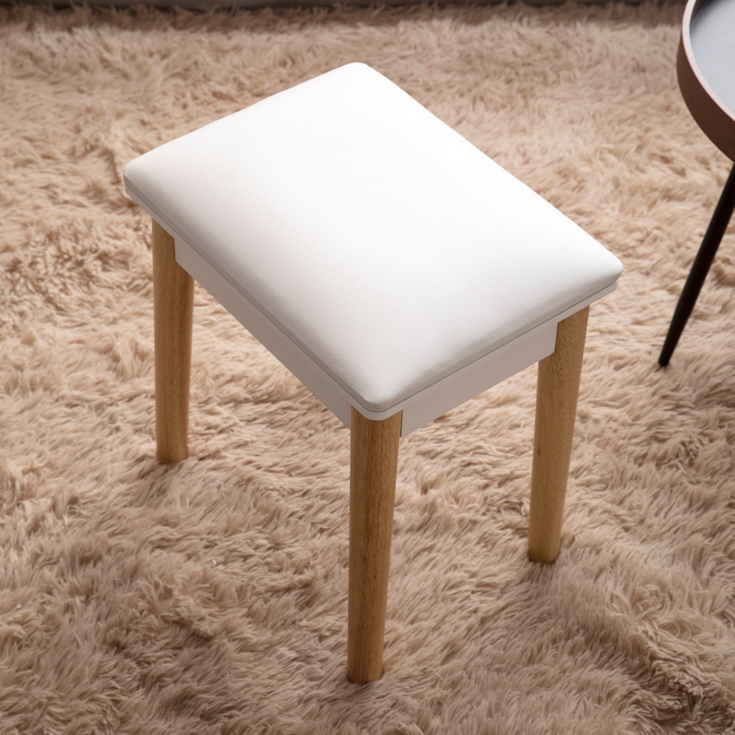 Wooden Vanity Stool Makeup Dressing Stool with PU Seat, White