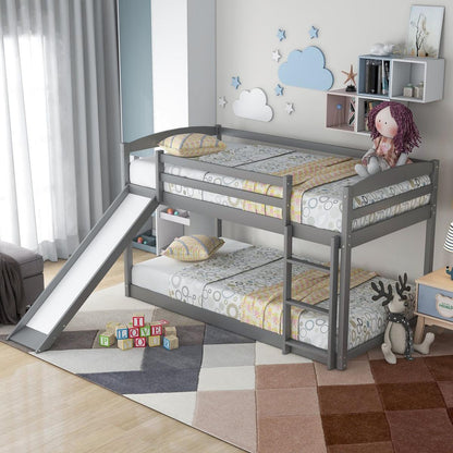 Twin over Twin Bunk Bed with Convertible Slide and Ladder, Gray