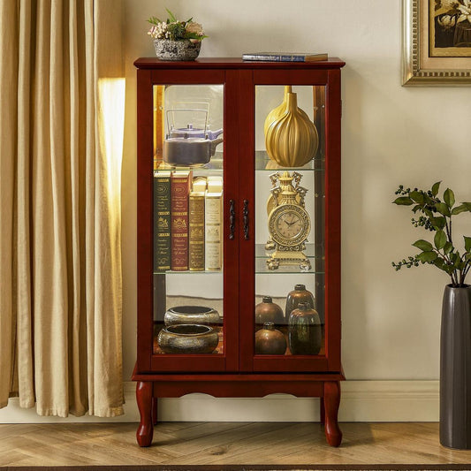 Curio Cabinet Lighted Curio Diapaly Cabinet with Adjustable Shelves and Mirrored Back Panel, Tempered Glass Doors (Cherry, 3 Tier), (E26 light bulb not included) - Streamdale Furniture