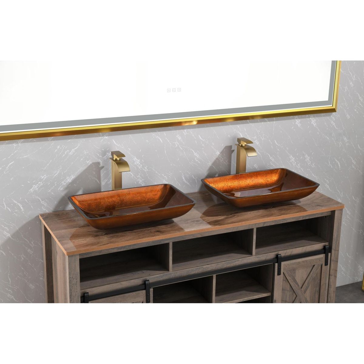 22.5" L -L -14.5" W -4 1/2 in. Handmade Glass Rectangle Vessel Bathroom Sink Set in Rich Chocolate Brown Finish with gold Faucet and gold Pop Up Drain