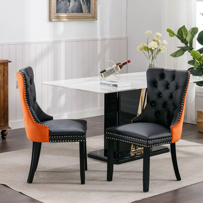 Nikki Collection Modern, High-end Tufted Solid Wood Contemporary PU and Velvet Upholstered Dining Chair with Wood Legs Nailhead Trim 2-Pcs Setlack+Orange