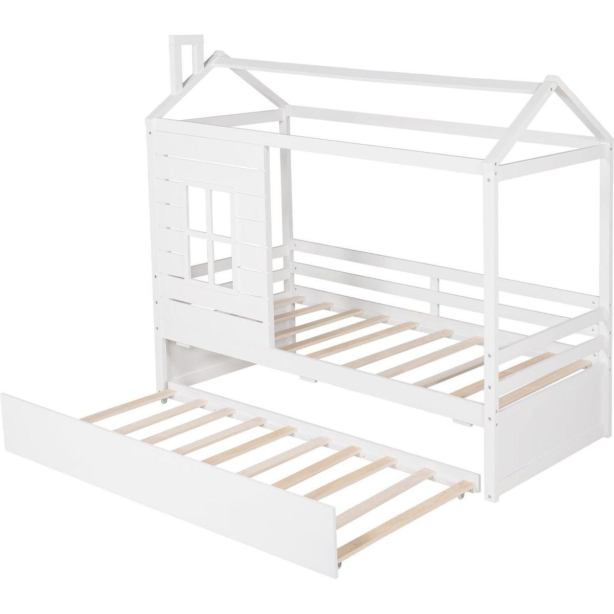 Twin Size House Bed Wood Bed with Twin Size Trundle (White)