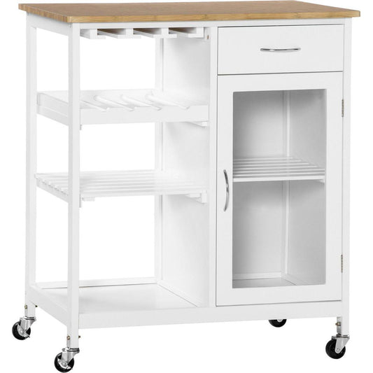 Rolling Kitchen Island with Storage, Kitchen Cart with 4-bottle Wine Rack, Bar Cart with Stemware Holder, Shelves, Drawer and Cabinet, White