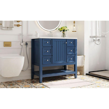 36" Bathroom Vanity with Sink Combo, One Cabinet and Three Drawers, Solid Wood and MDF Board, Blue