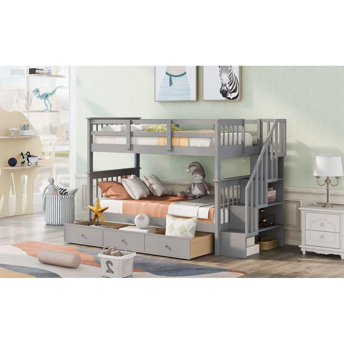 Stairway Twin-Over-Twin Bunk Bed with Three Drawers for Bedroom, Dorm - Gray - Streamdale Furniture