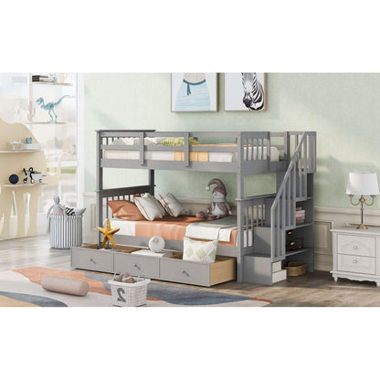 Stairway Twin-Over-Twin Bunk Bed with Three Drawers for Bedroom, Dorm - Gray - Streamdale Furniture