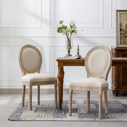 French Style Solid Wood Frame Antique Painting Linen Fabric Oval Back Dining Chair, Set of 2, Cream