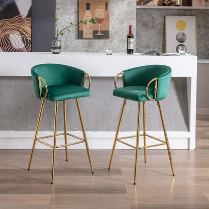 26 Inch Set of 2 Bar Stools, with Chrome Footrest and Base Velvet + Golden Leg Simple Bar Stool, GREEN