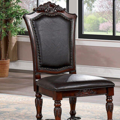 Majestic Traditional Set of 2pcs Side Chairs Brown Cherry Solid wood Faux Wood Carved Details Black Leatherette Seats Formal Dining Room Furniture