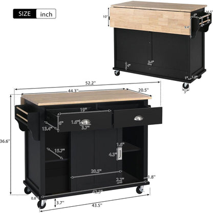 Kitchen Cart with Rubber wood Drop-Leaf Countertop, Concealed sliding barn door adjustable height, Kitchen Island on 4 Wheels with Storage Cabinet and 2 Drawers, L52.2xW30.5xH36.6 inch, Black