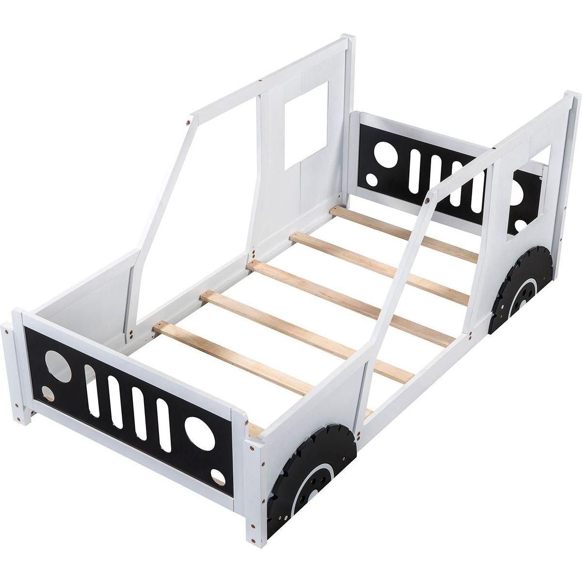 Twin Size Classic Car-Shaped Platform Bed with Wheels, White - Streamdale Furniture