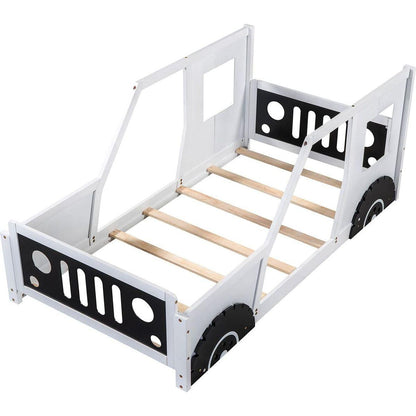 Twin Size Classic Car-Shaped Platform Bed with Wheels, White - Streamdale Furniture