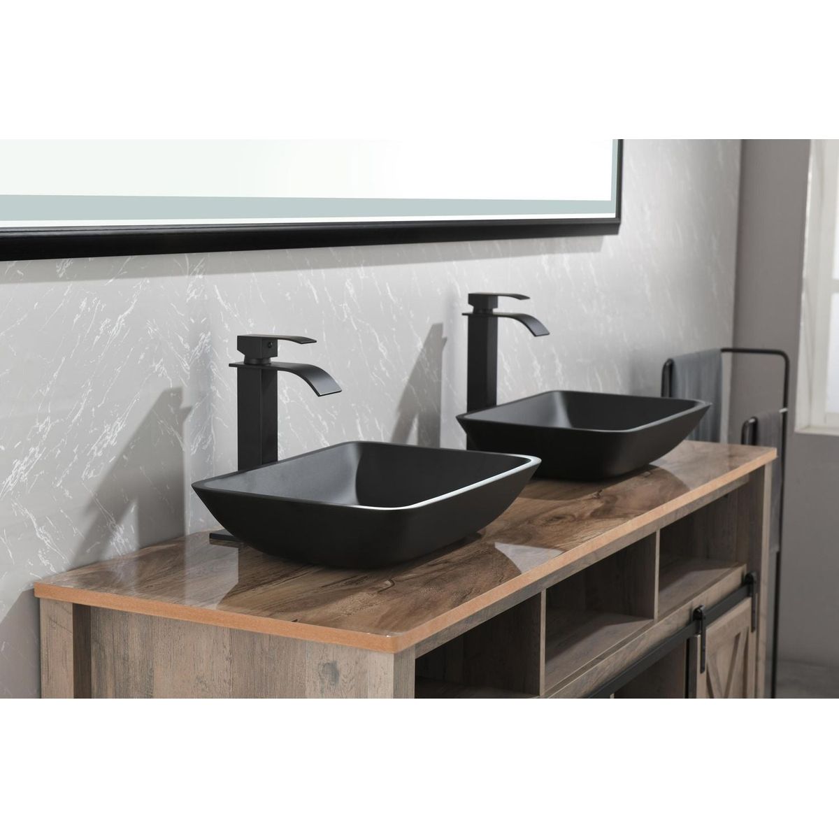 13.0" L -18.13" W -4" H Matte Shell Glass Rectangular Vessel Bathroom Sink in Black with Matte Black Faucet and Pop-Up Drain in Matte Black