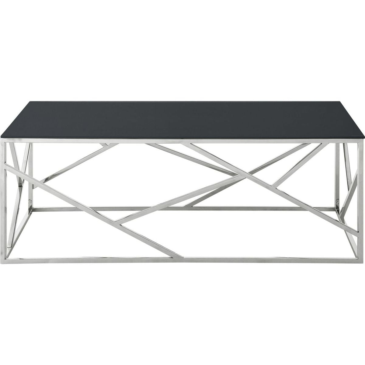 Modern Rectangular Coffee Accent Table with Black Tempered Glass Top and Stainless Steel Frame for Living Room Bedroom - Polished Chrome