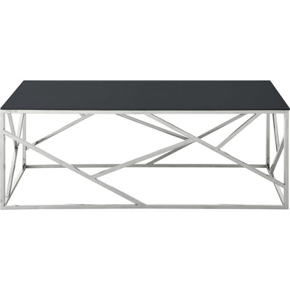 Modern Rectangular Coffee Accent Table with Black Tempered Glass Top and Stainless Steel Frame for Living Room Bedroom - Polished Chrome