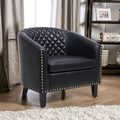 accent Barrel chair living room chair with nailheads and solid wood legs Black pu leather