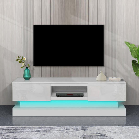51.18inch WHITE modern TV Stand with LED Lights, high glossy front TV Cabinet, can be assembled in Lounge Room, Living Room or Bedroom, color:WHITE