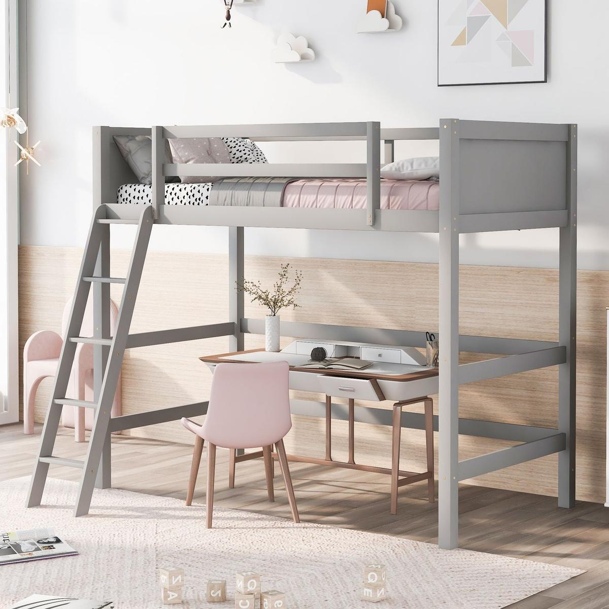 Solid Wood Twin Size Loft Bed with Ladder (Gray)