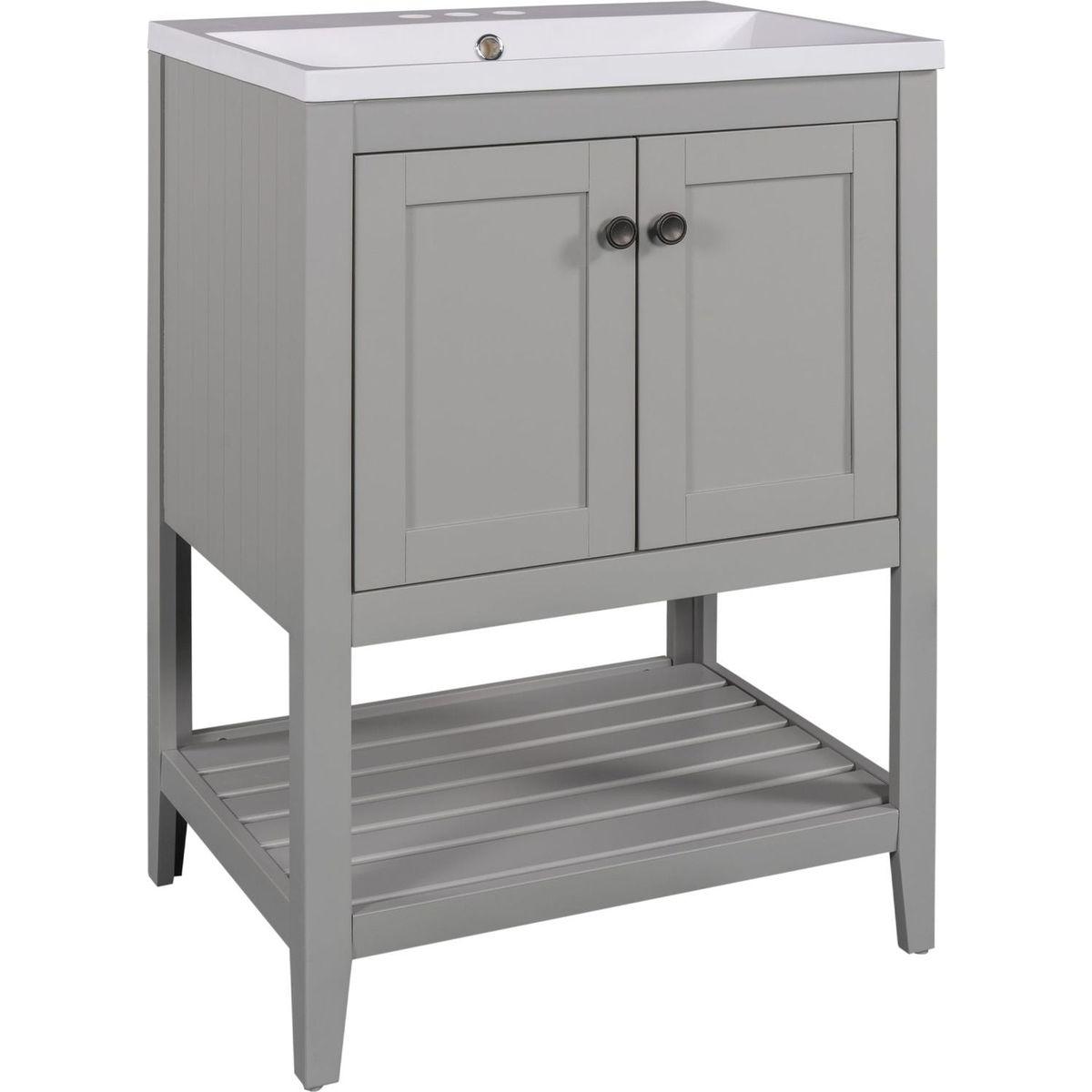 24" Grey Modern Sleek Bathroom Vanity Elegant Ceramic Sink with Solid Wood Frame Open Style Shelf