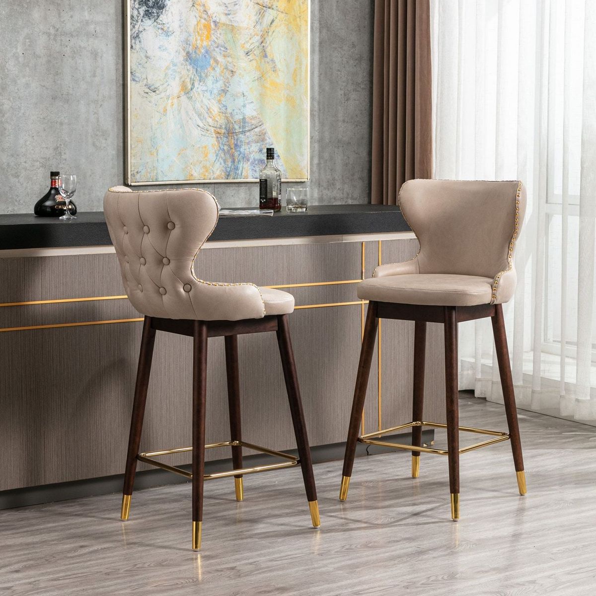 29.9" Modern Leathaire Fabric bar chairs, Tufted Gold Nailhead Trim Gold Decoration Bar stools, Set of 2 (Beige)