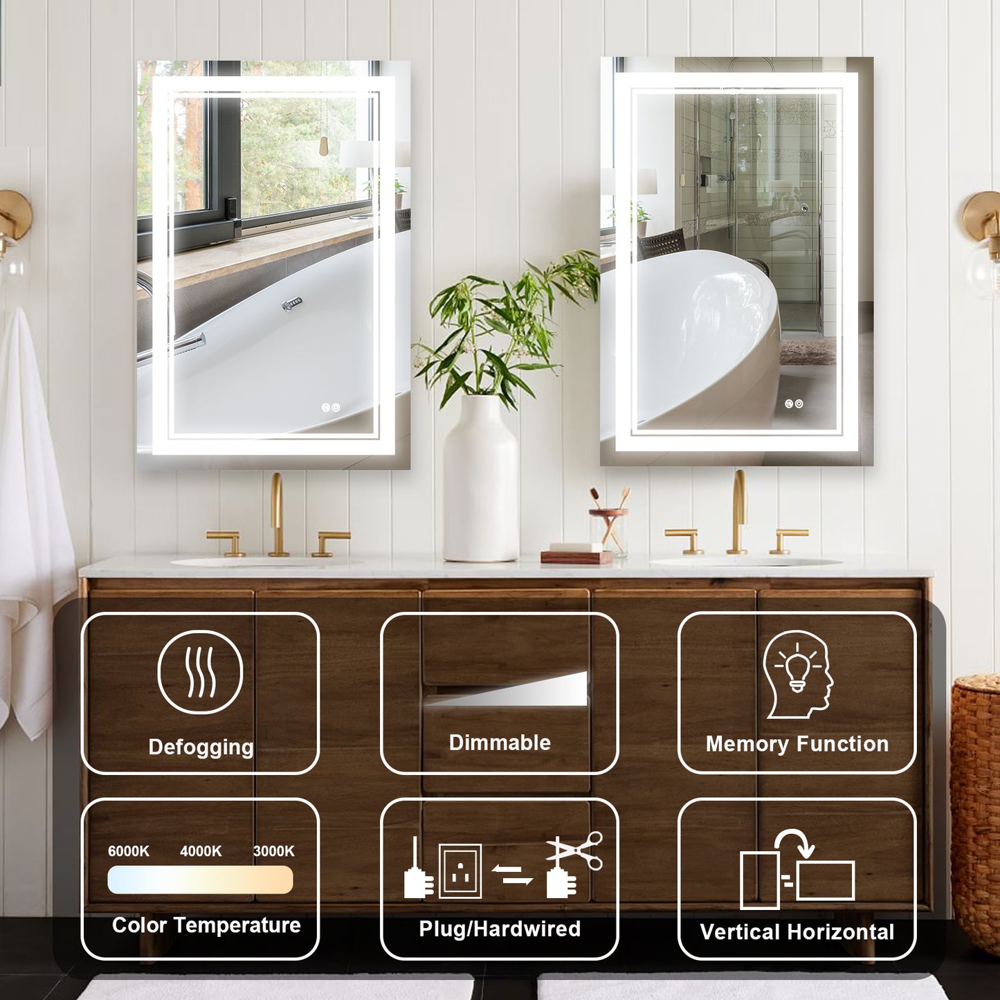 24x36 Inch LED Lighted Bathroom Mirror with 3 Colors Light, Wall Mounted Bathroom Vanity Mirror with Touch Button, Anti-Fog Dimmable Makeup Mirror (Horizontal/Vertical)