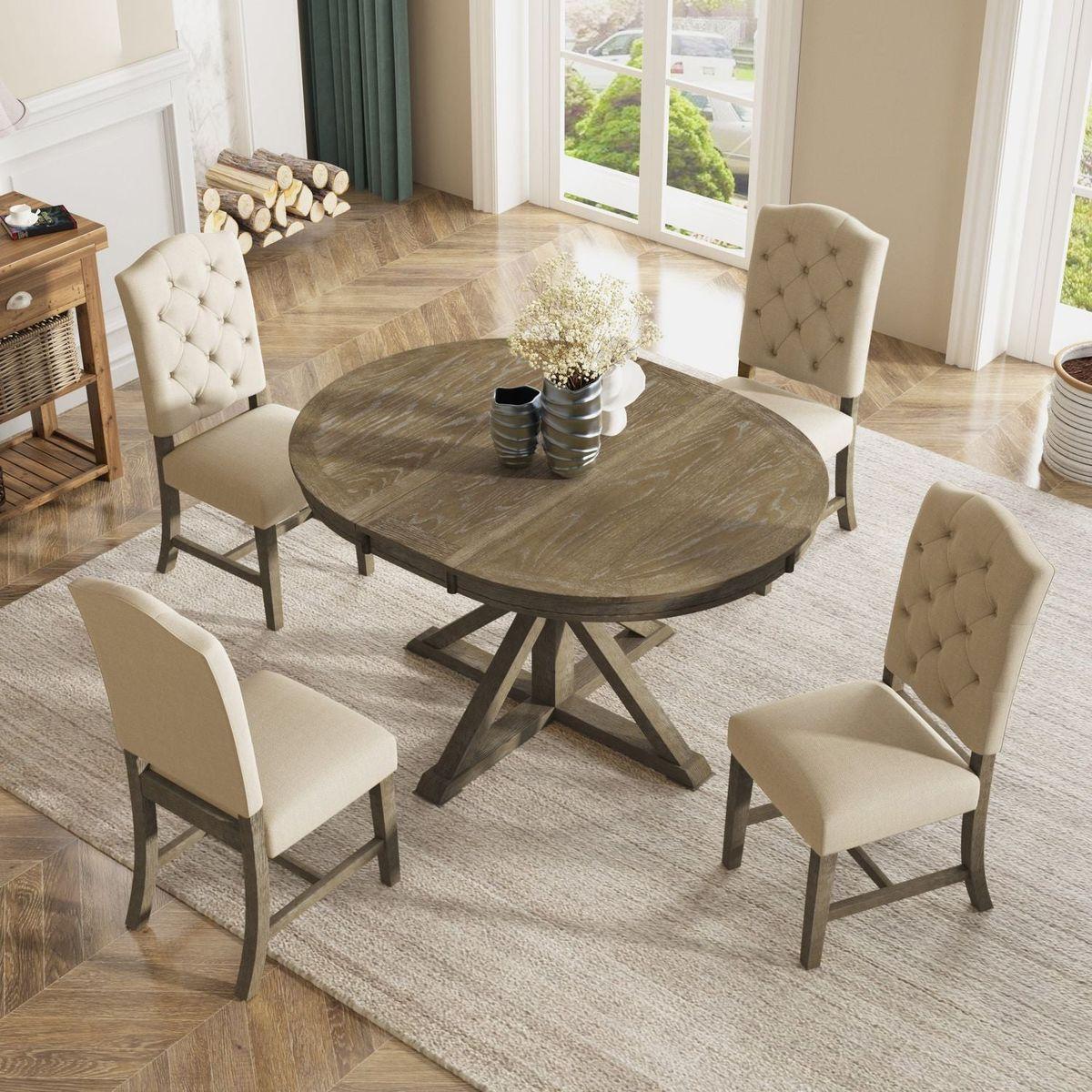 Functional Furniture Retro Style Dining Table Set with Extendable Table and 4 Upholstered Chairs for Dining Room and Living Room (Natural Wood Wash)