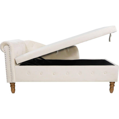 Beige Chaise Lounge Indoor, Velvet Lounge Chair for Bedroom with Storage & Pillow, Modern Upholstered Rolled Arm Chase Lounge for Sleeping with Nailhead Trim for Living Room Bedroom Office