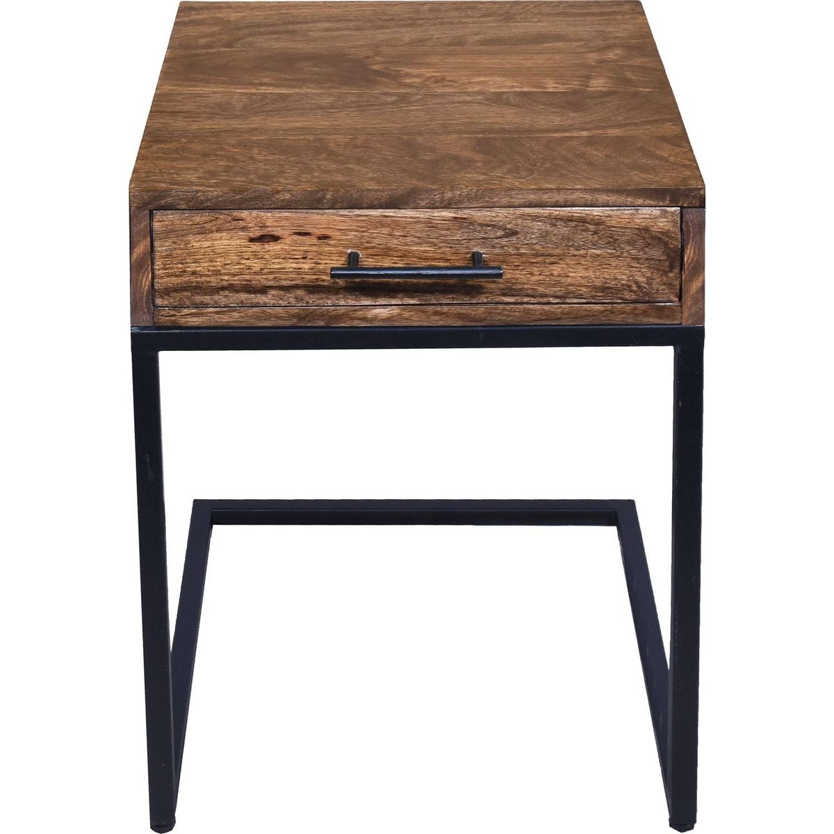 Mango Wood Side Table with Drawer and Cantilever Iron Base, Brown and Black