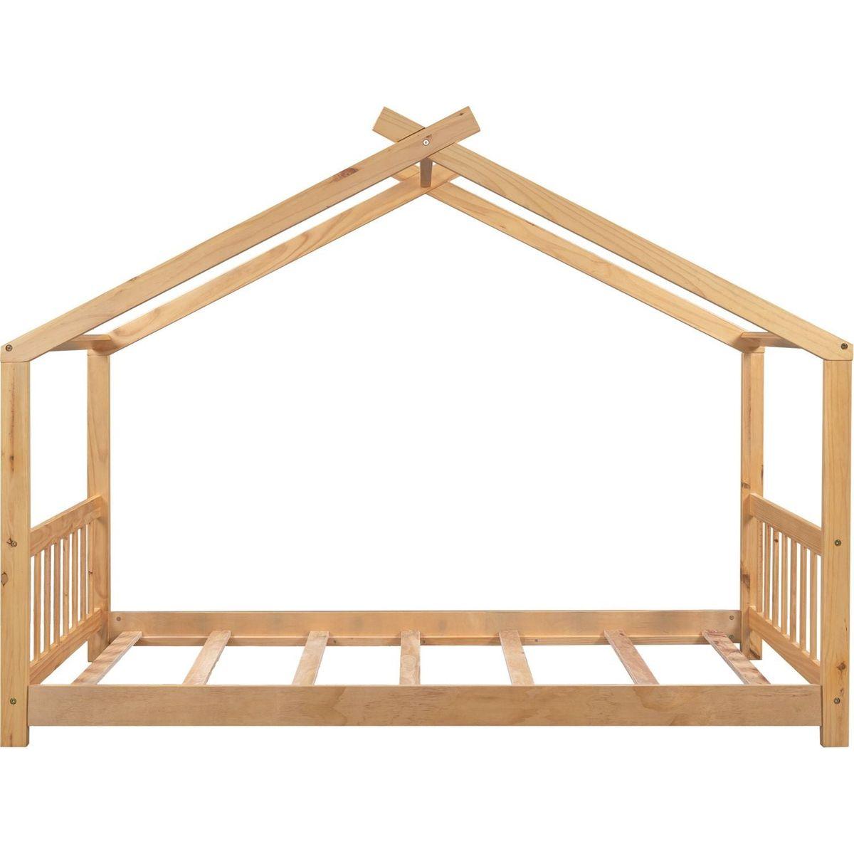 Twin Size House Platform Bed with Headboard and Footboard, Roof Design卢篓Natural