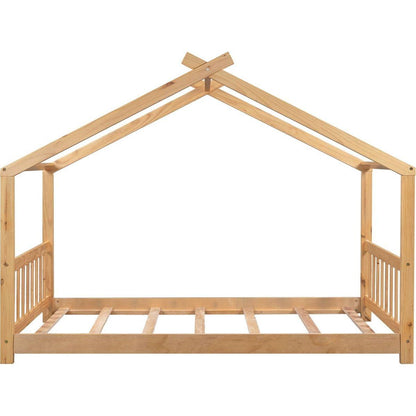 Twin Size House Platform Bed with Headboard and Footboard, Roof Design卢篓Natural