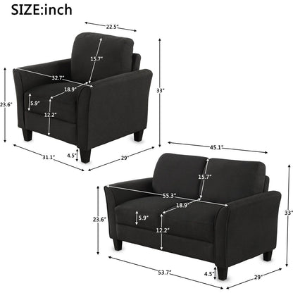 Living Room Furniture Armrest Single chair and Loveseat Sofa (Black)