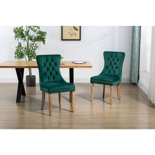 Upholstered Button Tufted Back Green Velvet Dining Chair with Nailhead Trim and Brushed Solid Wood Legs 2 Sets