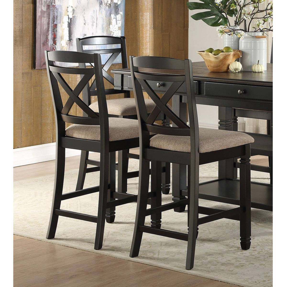 Transitional Style Dining Counter Height Chairs Set of 2pc Black Finish Wood Beige Fabric Seat Dining Room Furniture