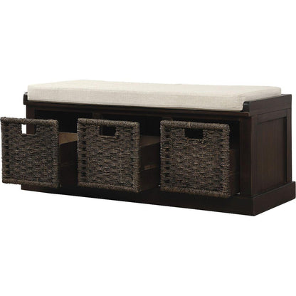 Rustic Storage Bench with 3 Removable Classic Rattan Basket, Entryway Bench with Removable Cushion (Espresso)