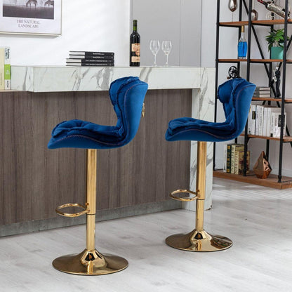 Set of 2 Bar Stools, with Chrome Footrest and Base Swivel Height Adjustable Mechanical Lifting Velvet + Golden Leg Simple Bar - Streamdale Furniture