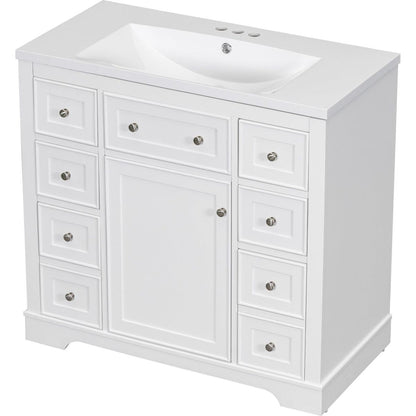 36" Bathroom Vanity with Sink Combo, One Cabinet and Six Drawers, Solid Wood and MDF Board, White