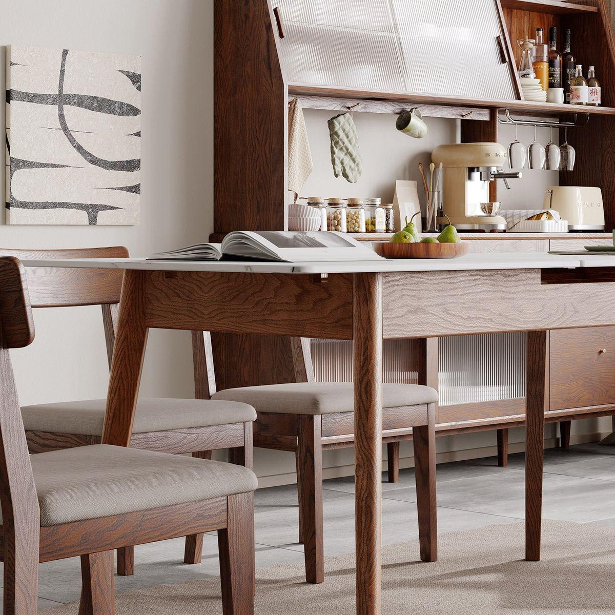 Walnut solid oak and white slate round corner diagonal leg telescopic table 1.2-1.5m, for 6-8 people to meet Dining table wood (walunt color)