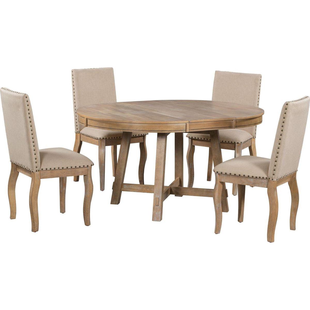 5-Piece Farmhouse Dining Table Set Wood Round Extendable Dining Table and 4 Upholstered Dining Chairs (Natural Wood Wash)