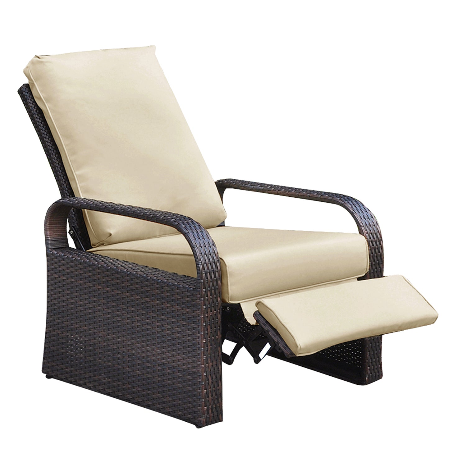 Outdoor Recliner, Automatic Adjustable Wicker Lounge Recliner Chair with Comfy Thicken Cushion, All Weather Aluminum Frame, Brown Wicker + Khaki Cushion