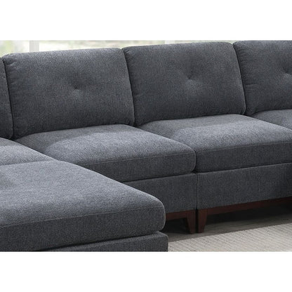 Ash Grey Chenille Fabric Modular Sectional 6pc Set Living Room Furniture U-Sectional Couch 2x Corner Wedge 2x Armless Chairs and 2x Ottomans Tufted Back Exposed Wooden Base