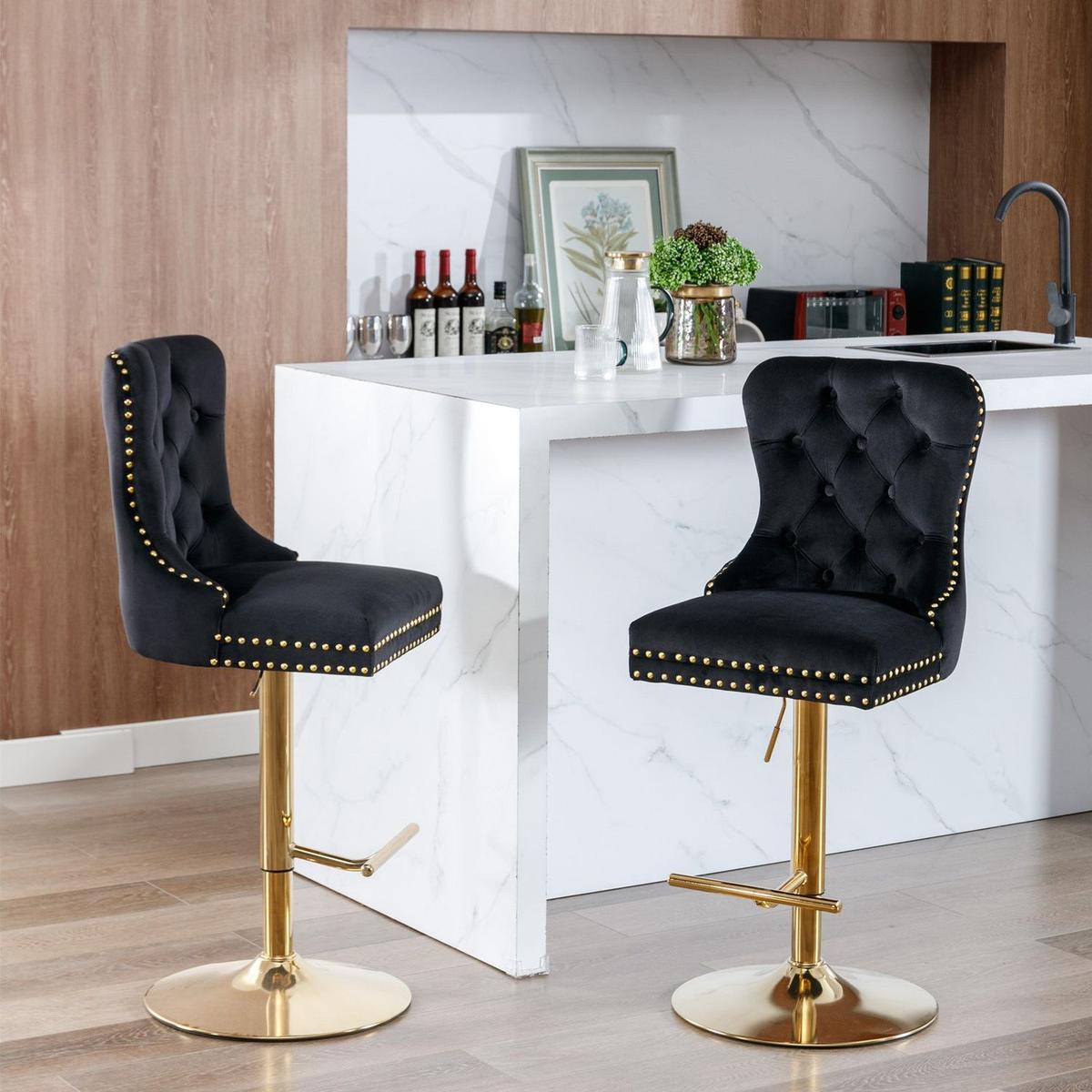 Thick Golden Swivel Velvet Barstools Adjusatble Seat Height from 27-35 Inch, Modern Upholstered Bar Stools with Backs Comfortable Tufted for Home Pub and Kitchen Island (Black, Set of 2)