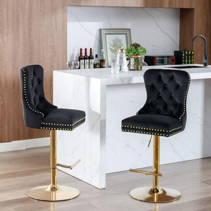 Thick Golden Swivel Velvet Barstools Adjusatble Seat Height from 27-35 Inch, Modern Upholstered Bar Stools with Backs Comfortable Tufted for Home Pub and Kitchen Island (Black, Set of 2)