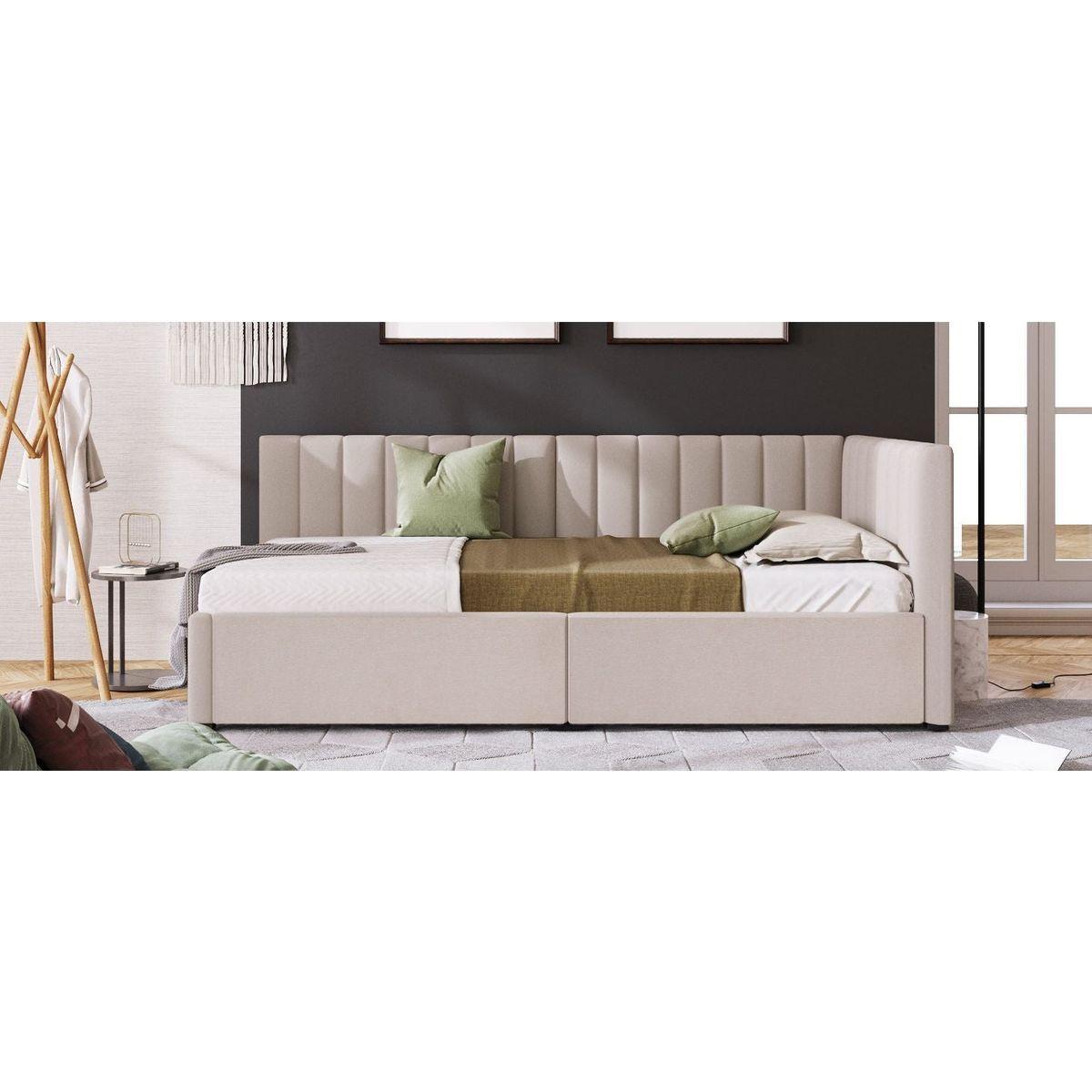 Upholstered Daybed with 2 Storage Drawers Twin Size Sofa Bed Frame No Box Spring Needed, Linen Fabric (Beige)