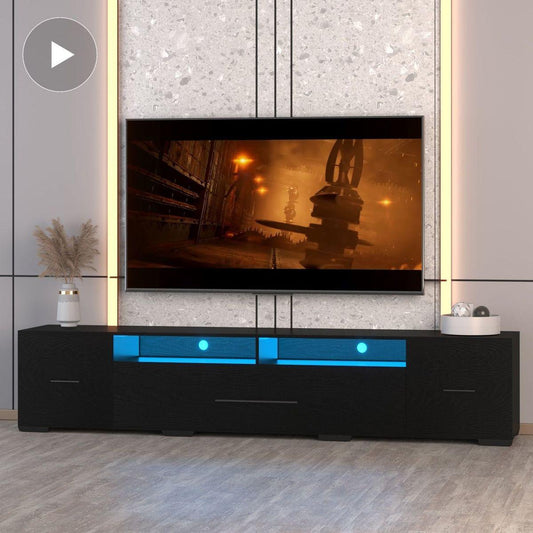 TV Console with Storage Cabinets, Remote, APP Control Long LED TV Stand, Full RGB Color Selection, 31 Modes Changing Lights Modern Entertainment Center with Power Cord (Black, for 80 inches)