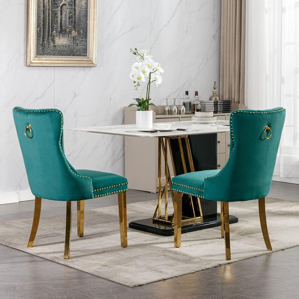 Nikki Collection Modern, High-end Tufted Solid Wood Contemporary Velvet Upholstered Dining Chair with Golden Stainless Steel Plating Legs, Nailhead Trim, Set of 2lack and Gold