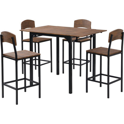 Farmhouse 5-piece Counter Height Drop Leaf Dining Table Set with Dining Chairs for 4, Black Frame+Brown Tabletop